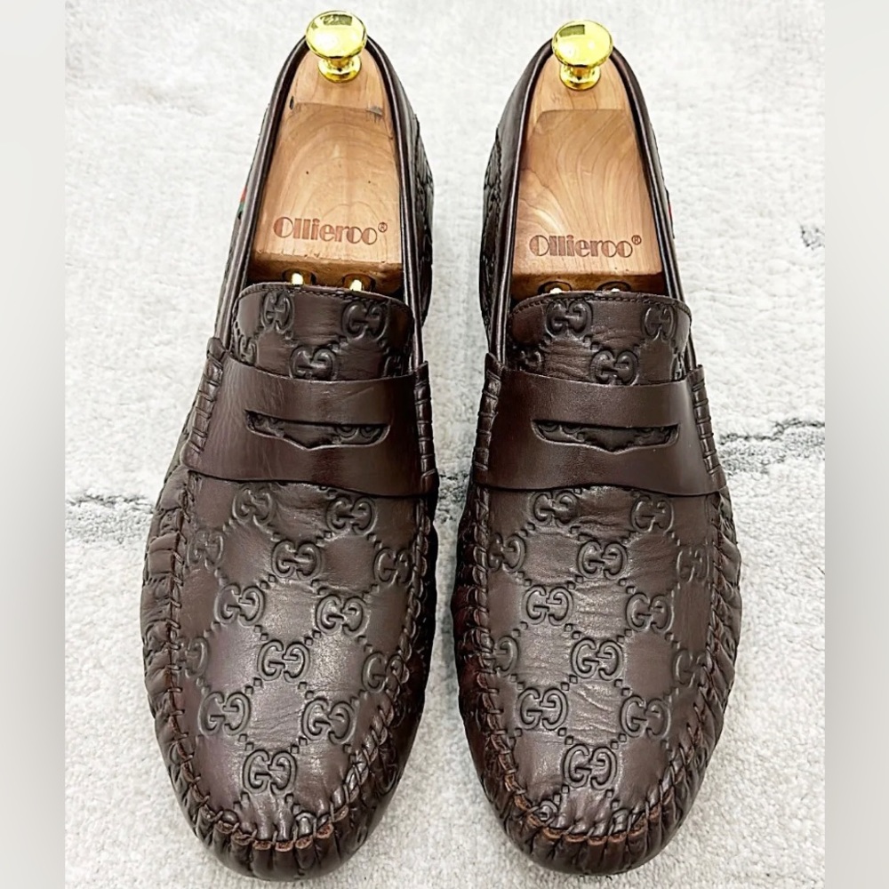 Authentic Gucci Guccissima Brown  Leather Mens Loafer US10.5